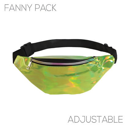 Holographic fanny pack in shiny green with black adjustable strap and silver zipper in five color options