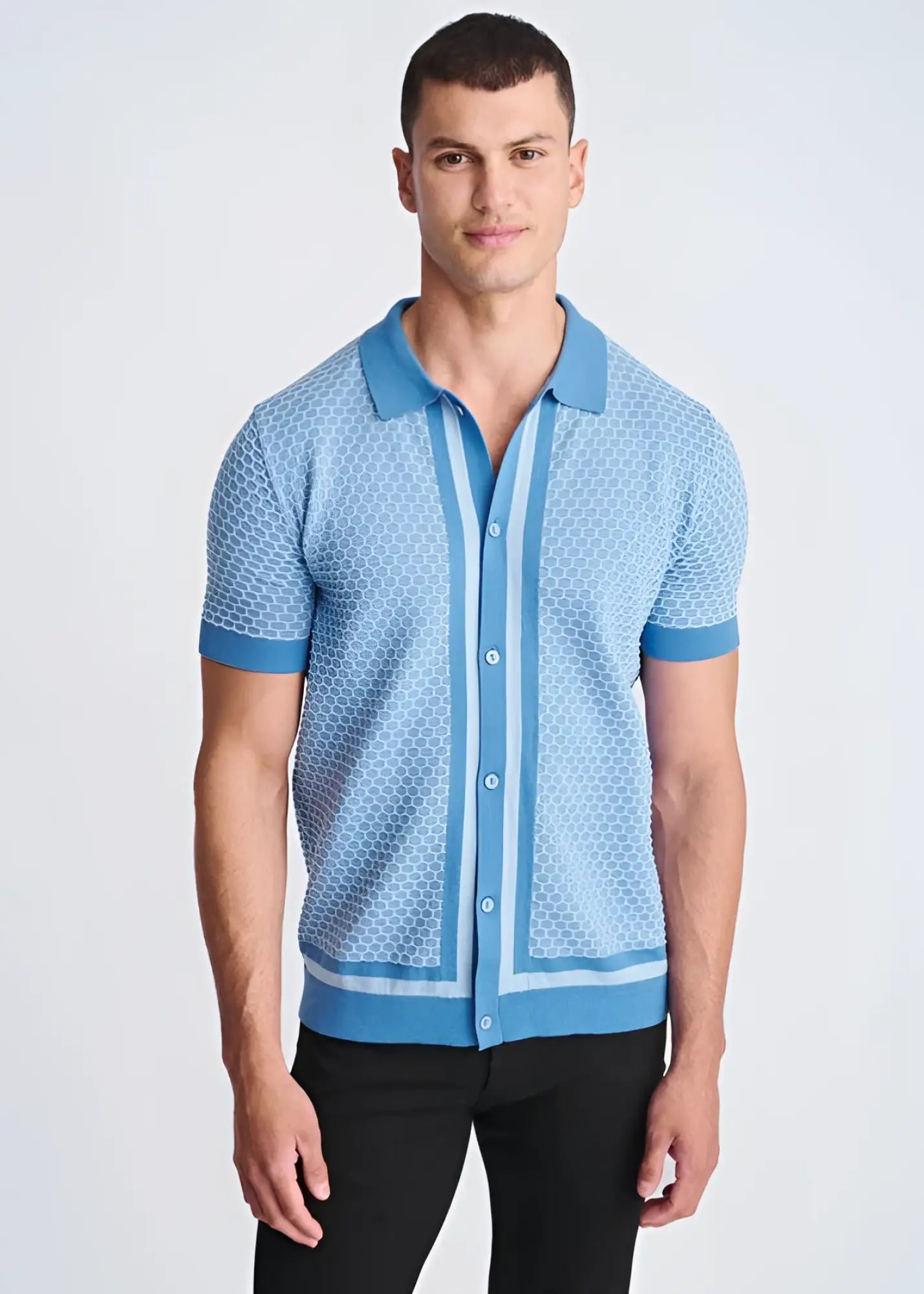 Light blue short-sleeved honeycomb textured knit polo shirt with darker blue trim on collar placket cuffs and hem