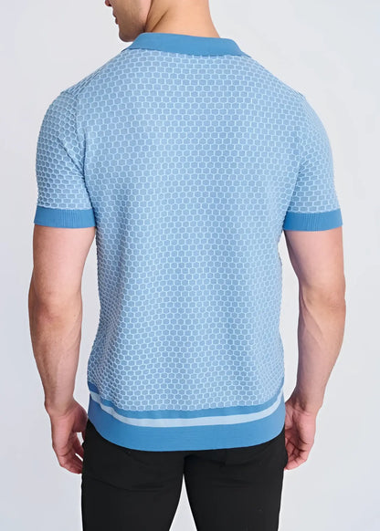 Light blue short-sleeved polo shirt with honeycomb textured knit and matching ribbed collar sleeve cuffs and hem