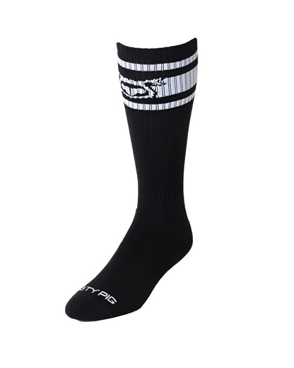 Hookd up sock black ribbed with white striped cuff and stylized pig logo featuring sty pig branding on the toe