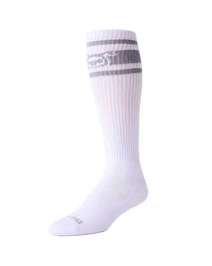 Hook’d up sock white ribbed knee-high sock with gray horizontal stripes and subtle logo near the top