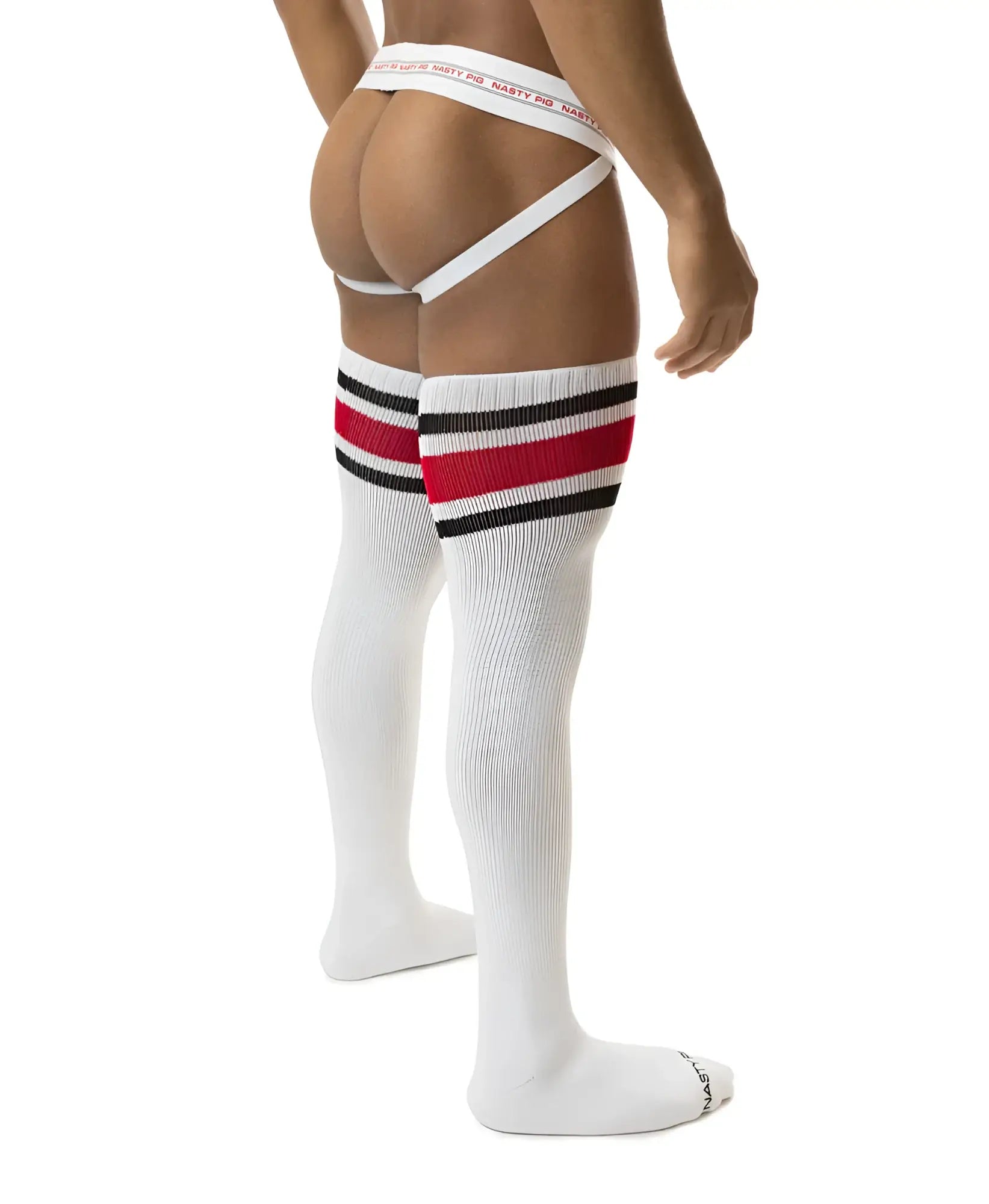 White hook’d up thigh high socks with red and black stripes and nasty go branded waistband