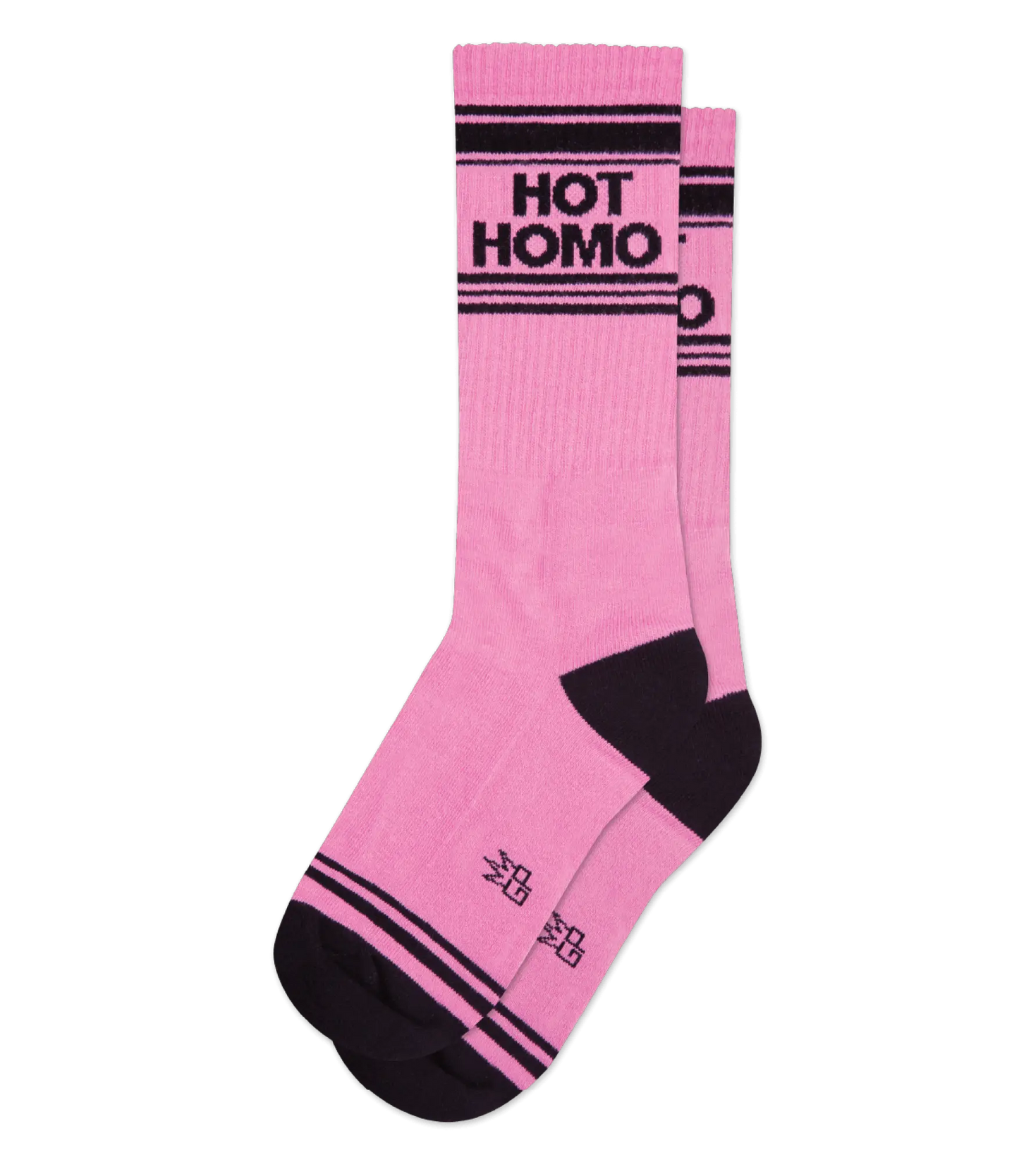 Hot homo crew socks pink with black stripes ribbed texture and reinforced heel and toe in matching black