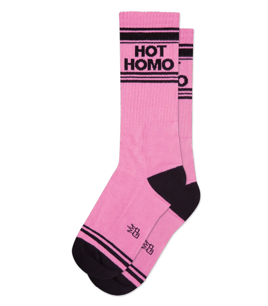 Hot homo crew socks pink with black stripes ribbed texture and reinforced heel and toe in matching black