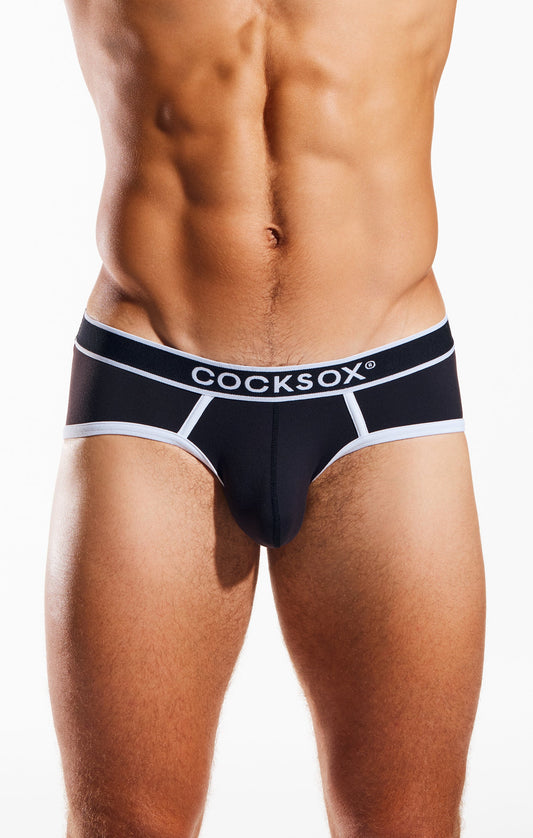 Black cocksox cx76n supplex sports briefs with white trim and bold logo band for athletic support
