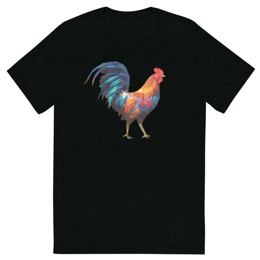Black short-sleeved t-shirt featuring a huge polygon rooster graphic in blue orange and purple geometric design