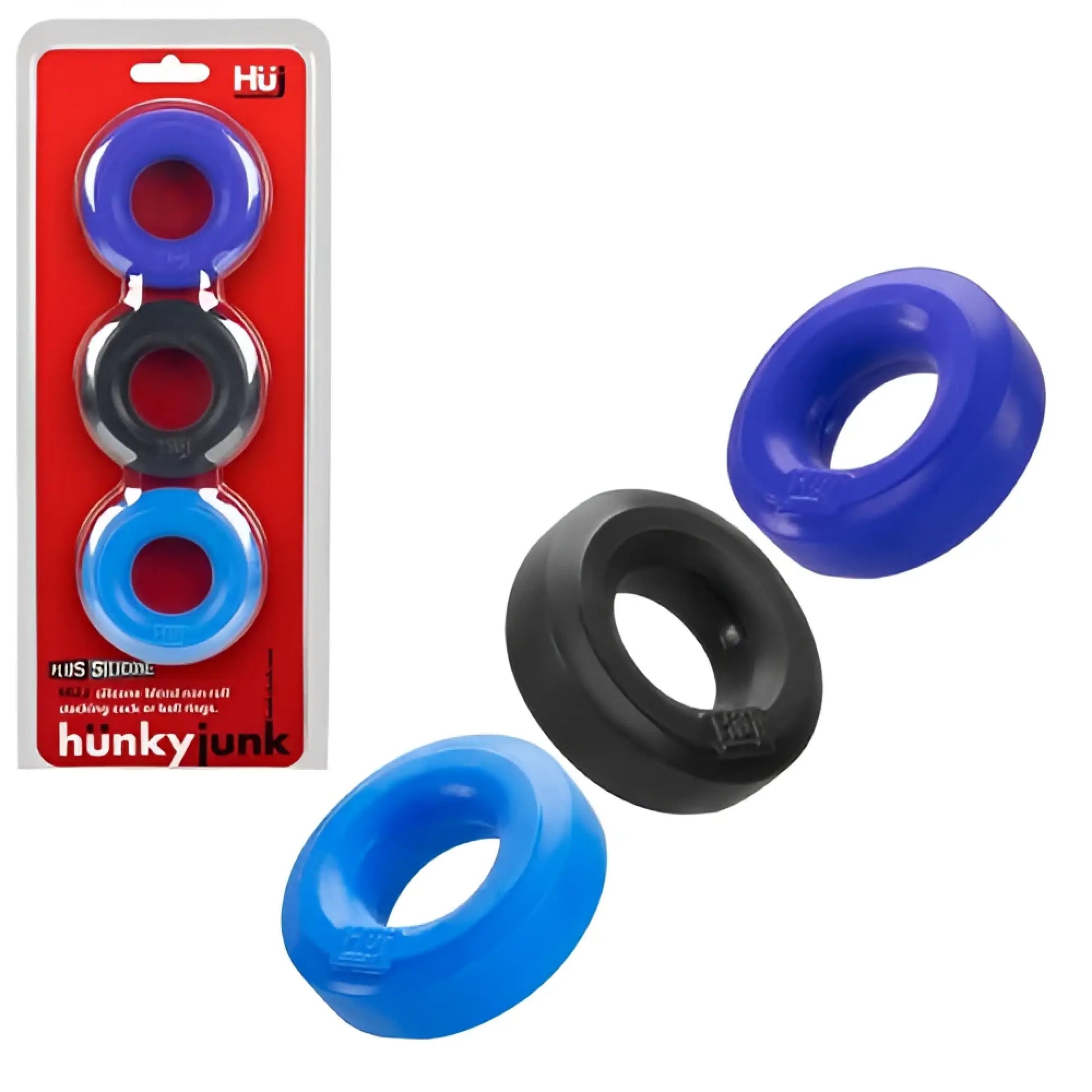 Blue and black silicone c-rings in a hunky junk package for the HUJ 3 3 pack c-rings product