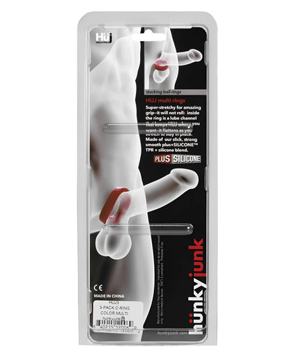 Huj 3 pack c-rings with red and translucent multi rings in a clear plastic package for hair extensions use