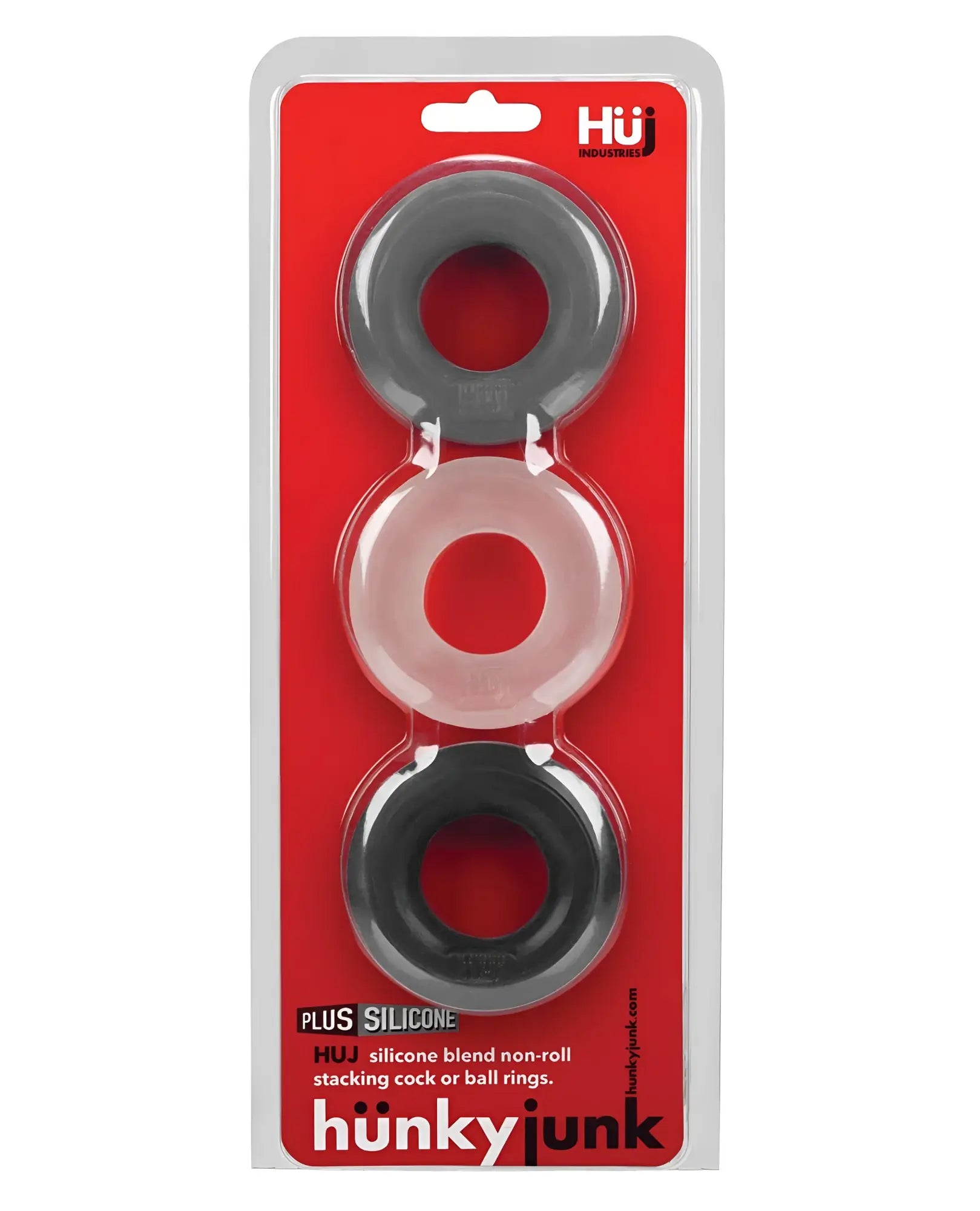 Set of three hunky junk silicone blend non-roll stacking cock and ball rings in gray translucent pink and black