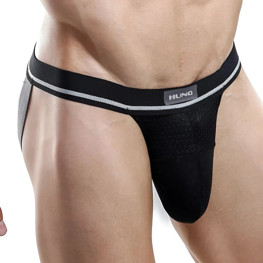 Black hung brand athletic briefs with gray mesh panel and silver-striped waistband in hung hge004 jockstrap design