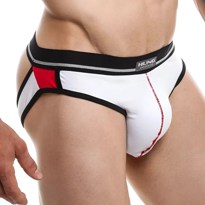 White black and red hung hge010 jockstrap with sleek design and contrasting stitching shown from the front