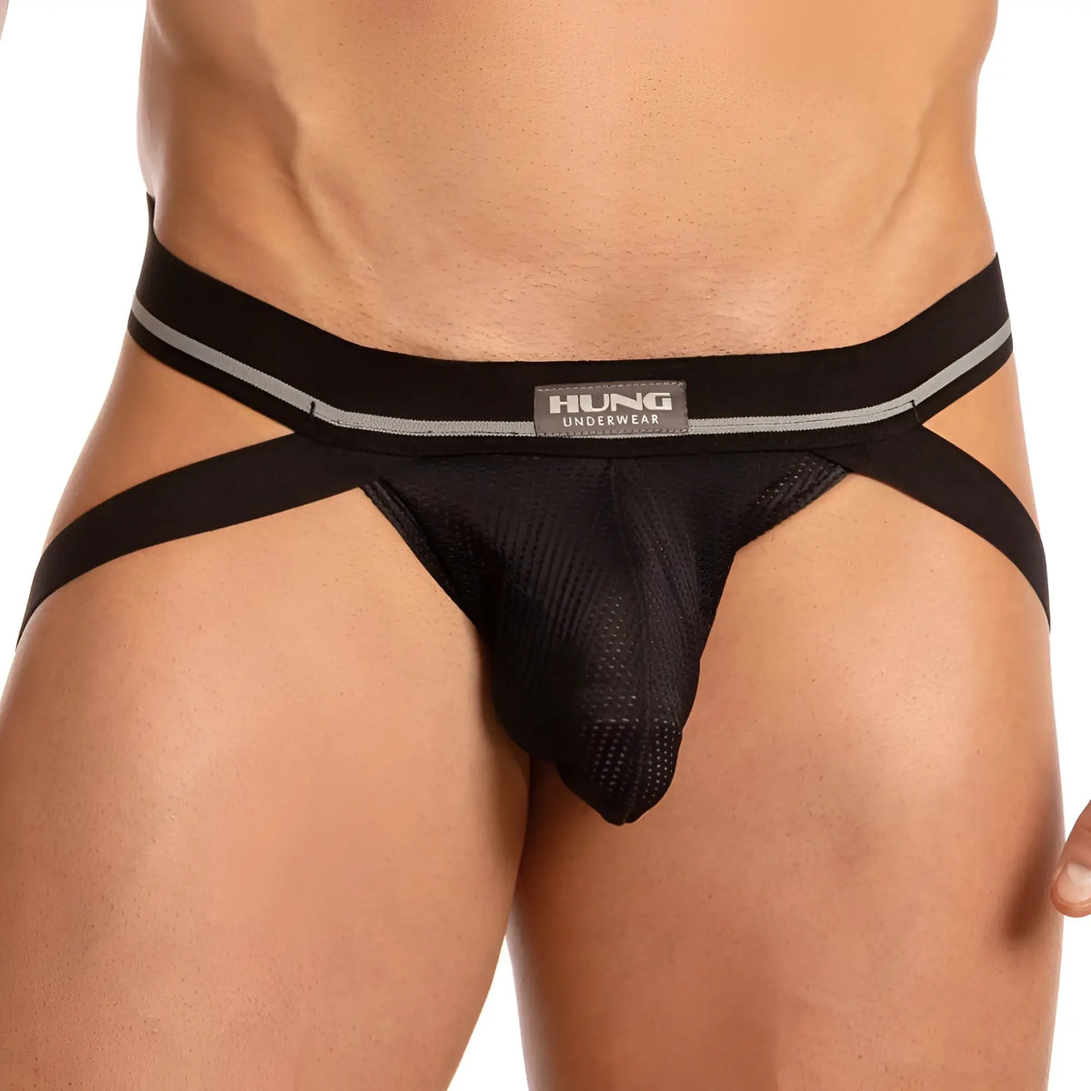 Black mesh briefs with wide silver-striped waistband and hung underwear brand label in hung hge015 jockstrap design