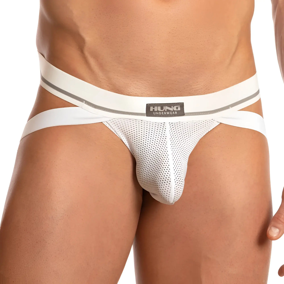 White mesh jockstrap briefs with wide striped waistband featuring hung underwear brand label model HGE015