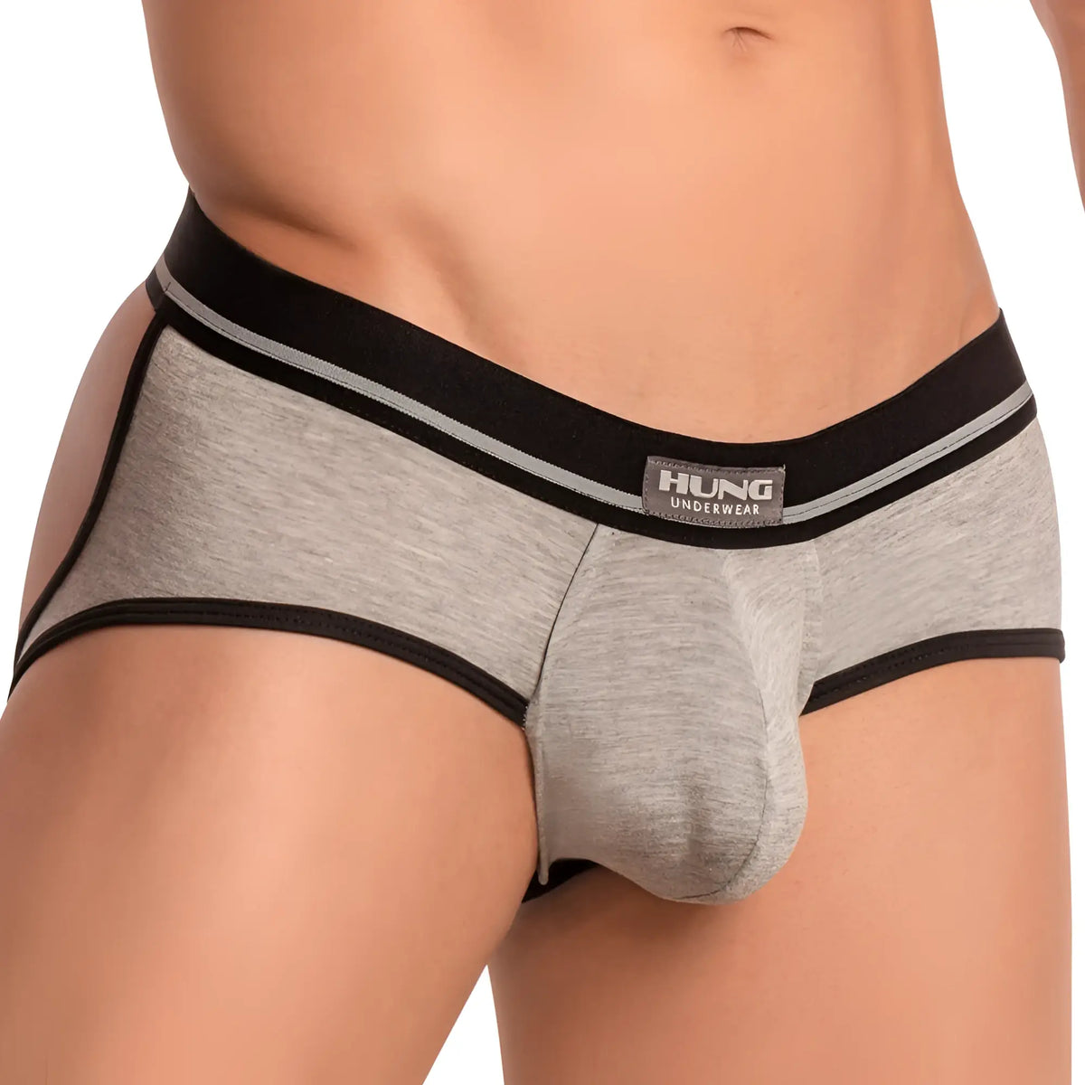 Gray heathered menâ€™s briefs with black trim and branded waistband from hung underwear in a hung hge017 jockstrap design