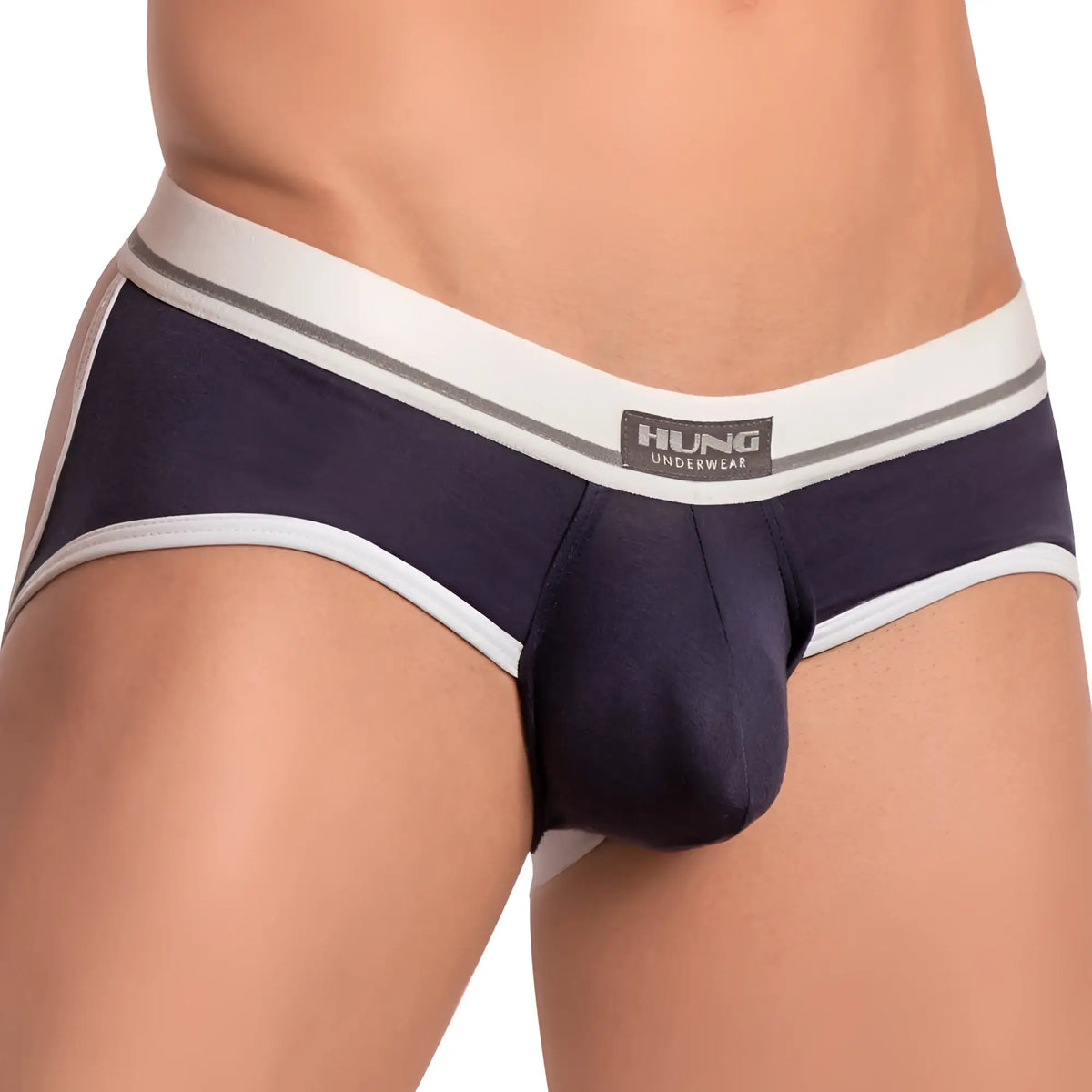 Navy blue and white striped menâ€™s briefs with hung underwear label on waistband in hung hge017 jockstrap design