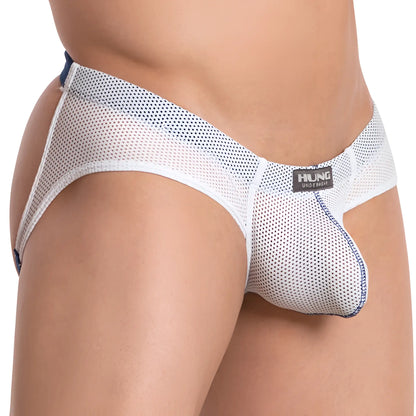 White mesh jockstrap briefs with navy blue trim and hung underwear brand label model Hung HGE019