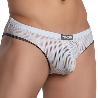 White mesh hung hge020 jockstrap briefs with black trim and hung underwear label visible on front side