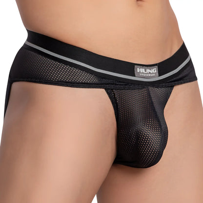 Black mesh briefs with gray-striped waistband featuring hung underwear label from the hung HGE021 jockstrap product