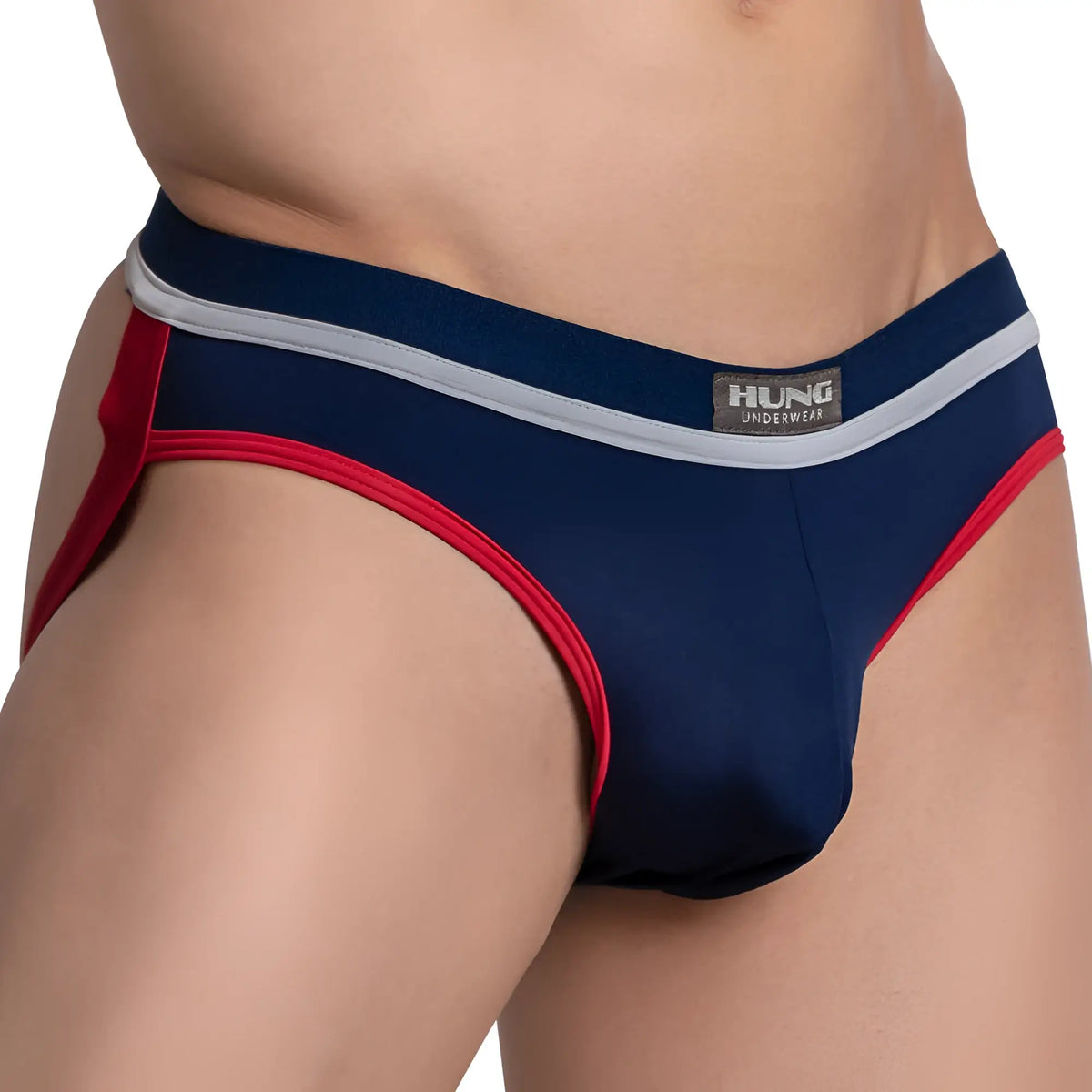 Navy blue and red hung underwear HGE022 jockstrap with gray waistband athletic briefs front view