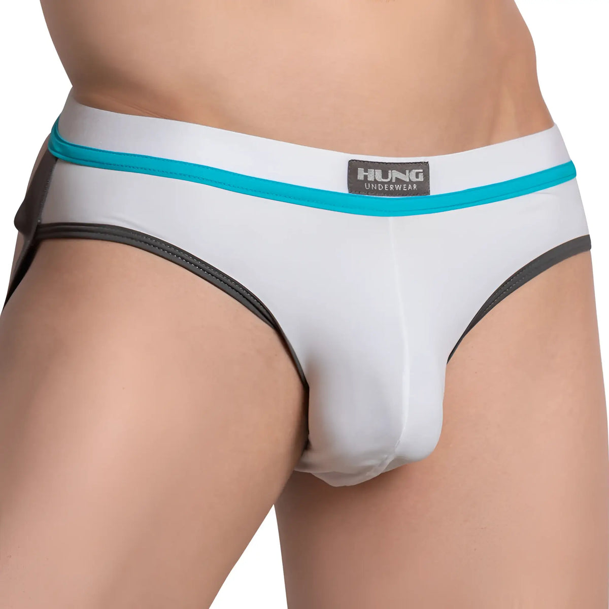 White hung hge022 jockstrap with teal and black trim showing front side for athletic support and style