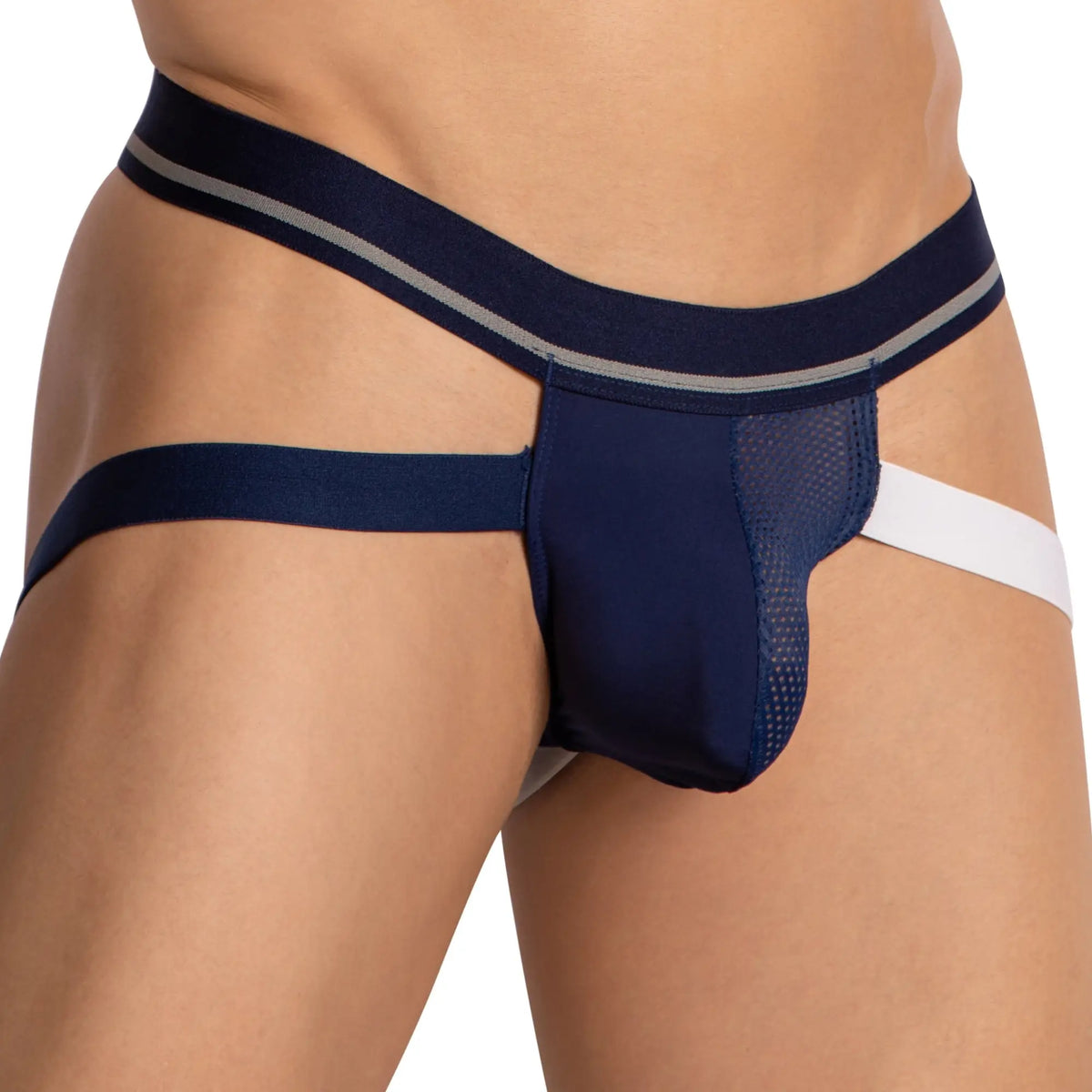 Navy blue mesh briefs with white side strap and gray waistband trim featured in hung HGE024 jockstrap design