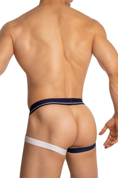 Navy blue and white striped athletic briefs with supportive contoured design in hung hge024 jockstrap style