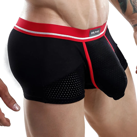 Black mesh briefs with red trim and white stripe waistband featuring hung brand label from hung hgg003 boxer trunk