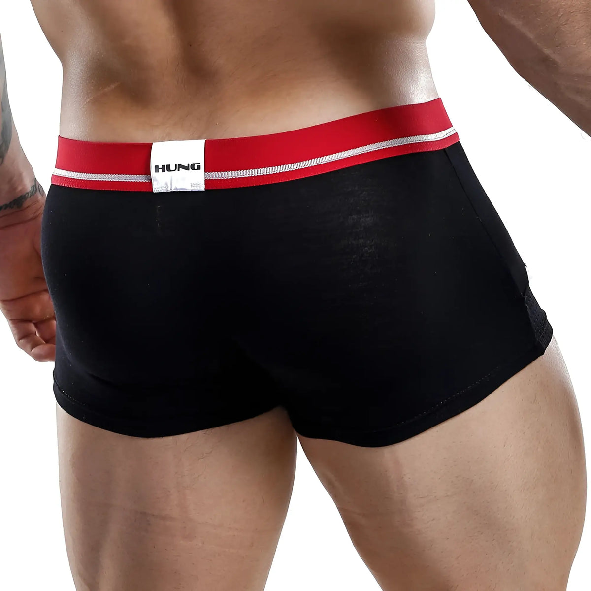 Black briefs hung hgg003 boxer trunk with red waistband white stripes and hung brand label in cotton blend material
