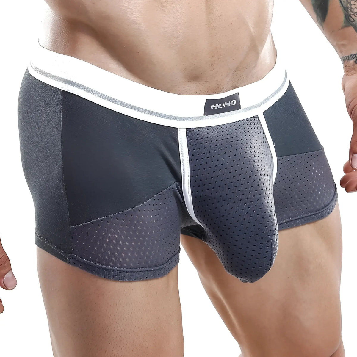 Dark gray hung hgg003 boxer trunk briefs with white waistband and perforated mesh panels for athletic use