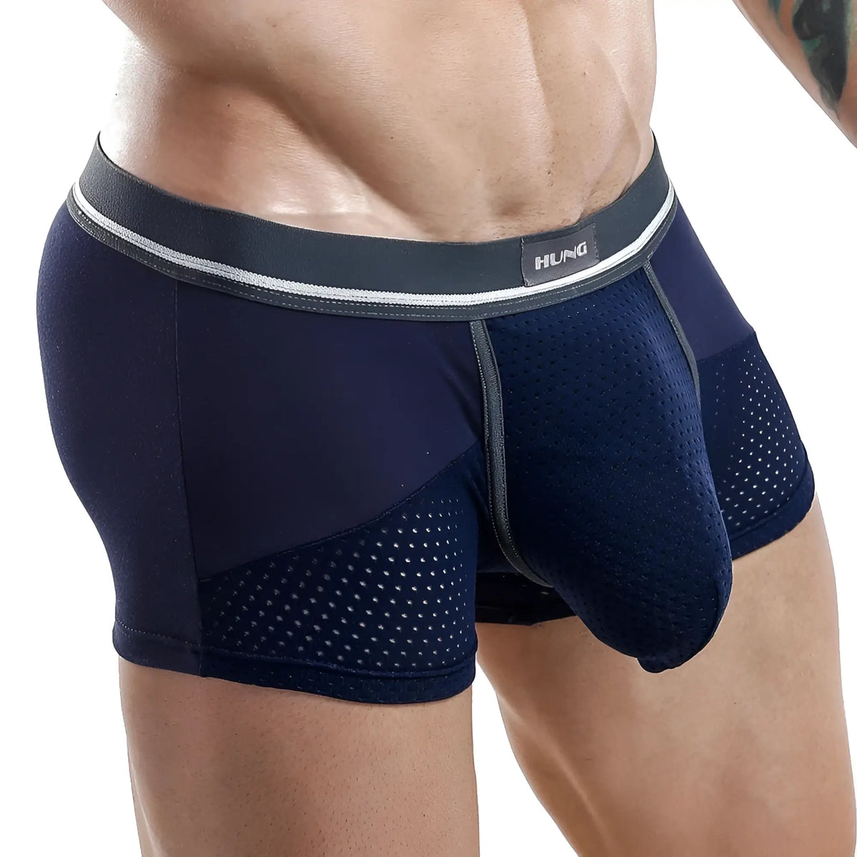 Dark navy blue hung hgg003 boxer trunk with gray waistband and perforated mesh panels for breathability