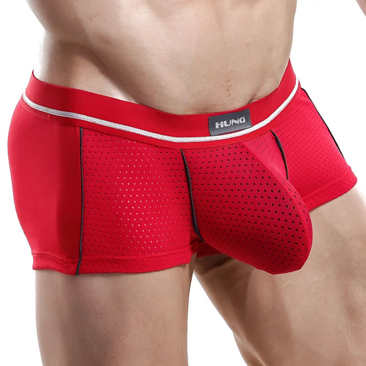 Red hung HGG004 boxer trunk menâ€™s briefs with perforated mesh front panel and white waistband trim