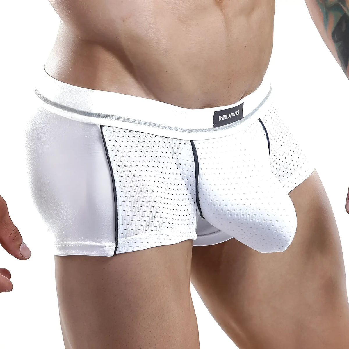 White hung brand menâ€™s boxer trunk with mesh texture and black trim in model hgg004 design