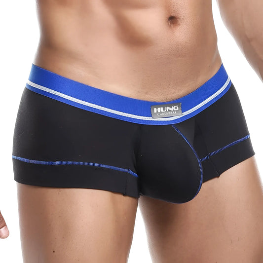 Black menâ€™s briefs hung hgg006 line trunk with bold blue waistband white trim and matching blue stitching on legs