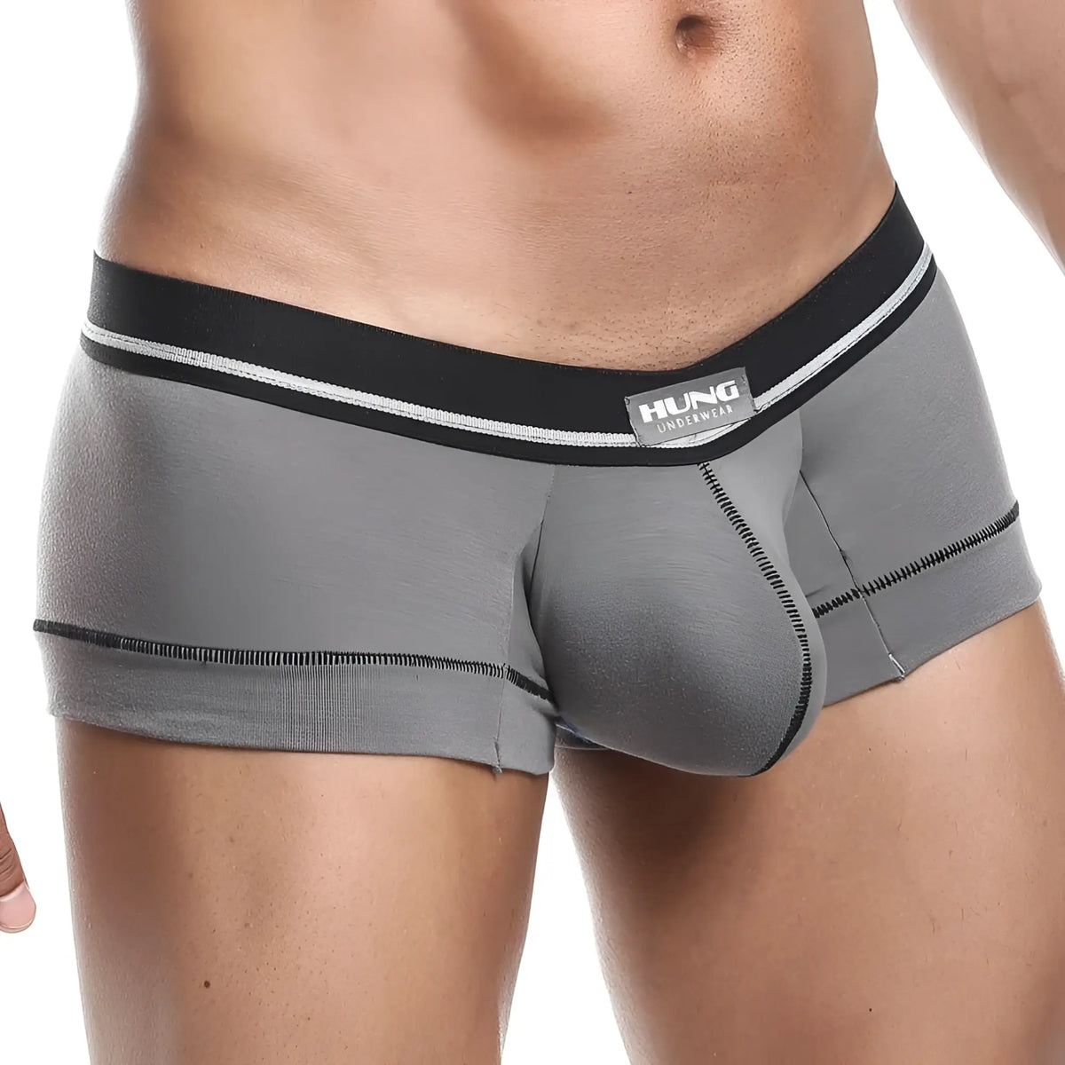 Gray menâ€™s briefs hung hgg006 line trunk with black and white striped waistband and hung underwear brand label