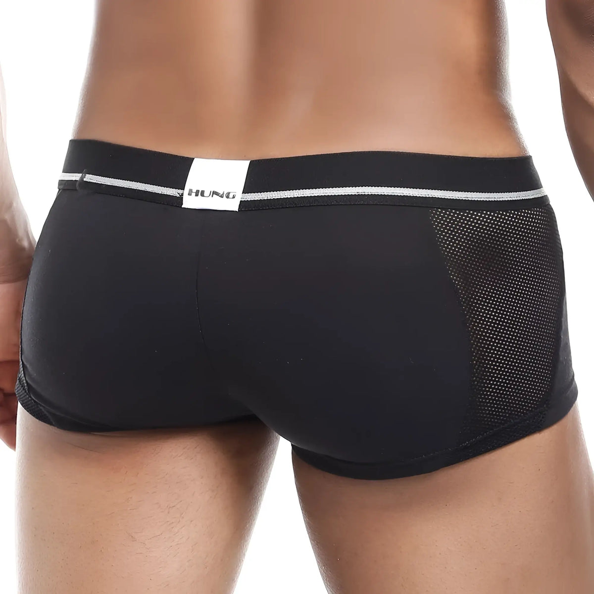 Black hung menâ€™s briefs hung hgg007 boxer trunk with mesh side panel and white logo tag