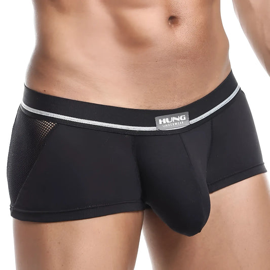 Black menâ€™s hung hgg007 boxer trunk briefs with mesh side panel and silver stripe waistband for comfort and style