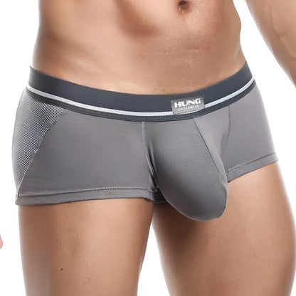 Gray hung hgg007 boxer trunk with mesh panel and elastic waistband hanging for breathable comfort