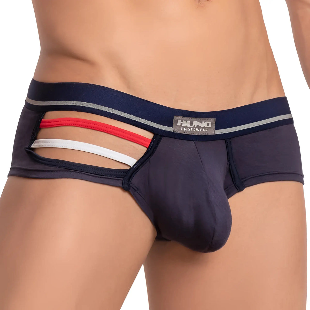 Hung HGG008 navy blue boxer trunk with red and white striped cutouts hanging to display design details