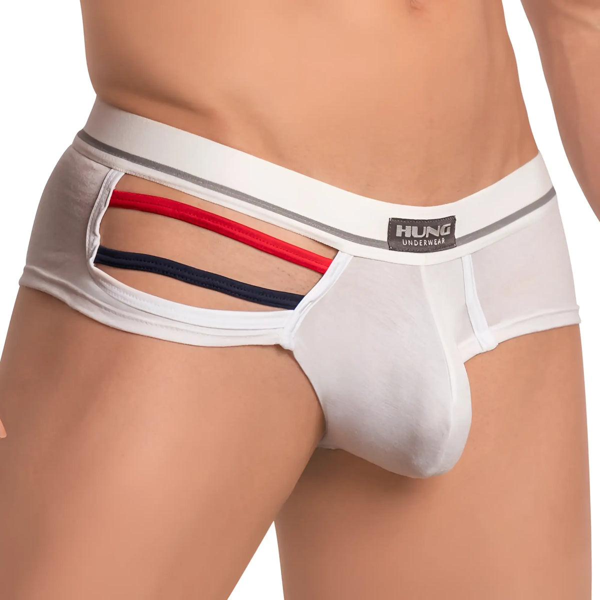 White hung underwear boxer trunk with red and navy blue striped cutouts in hung hgg008 design