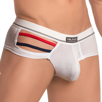 White hung underwear boxer trunk with red and navy blue striped cutouts in hung hgg008 design