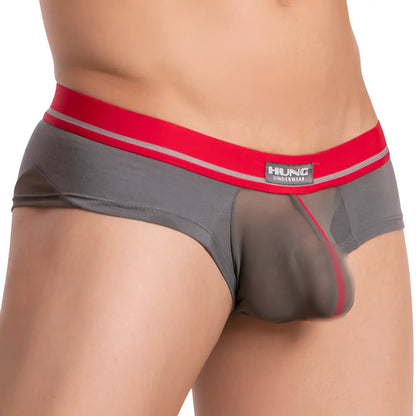 Hung hgg010 brief gray mesh with bold red waistband and silver trim featuring hung underwear brand label