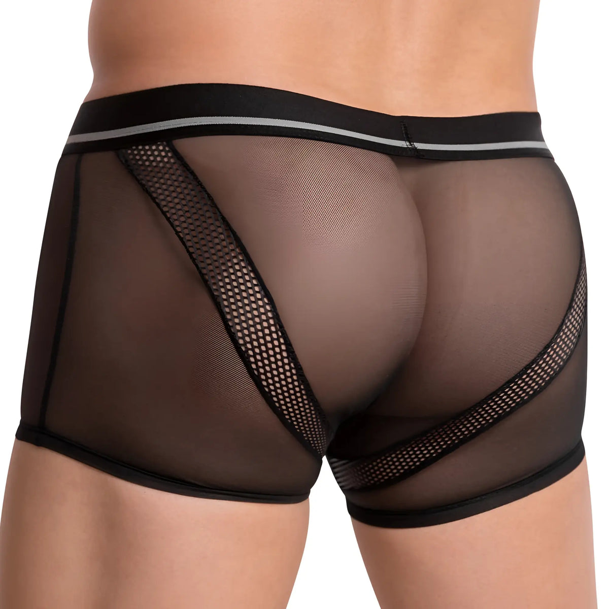 Hung HGG011 boxer trunk black mesh briefs with sleek form-fitting design and subtle gray trim on waistband