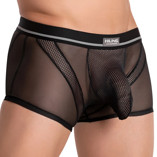Black mesh hung hgg011 boxer trunk briefs with solid black waistband gray trim and hung underwear brand label