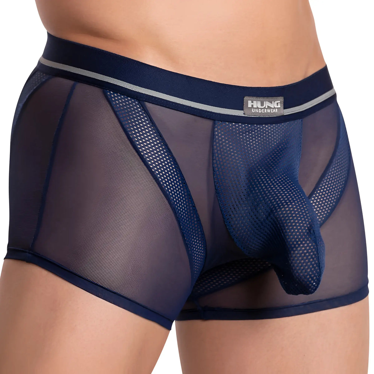 Dark blue mesh Hung HGG011 boxer trunk with solid navy waistband and hung underwear brand label