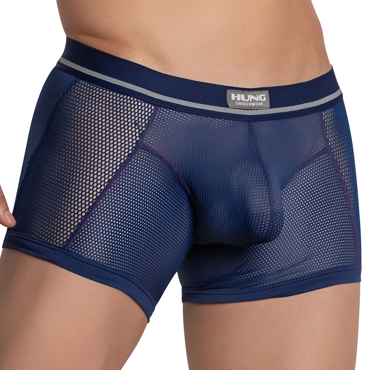 Dark blue mesh Hung HGG012 boxer trunk with solid navy waistband and subtle gray trim featuring hung underwear label