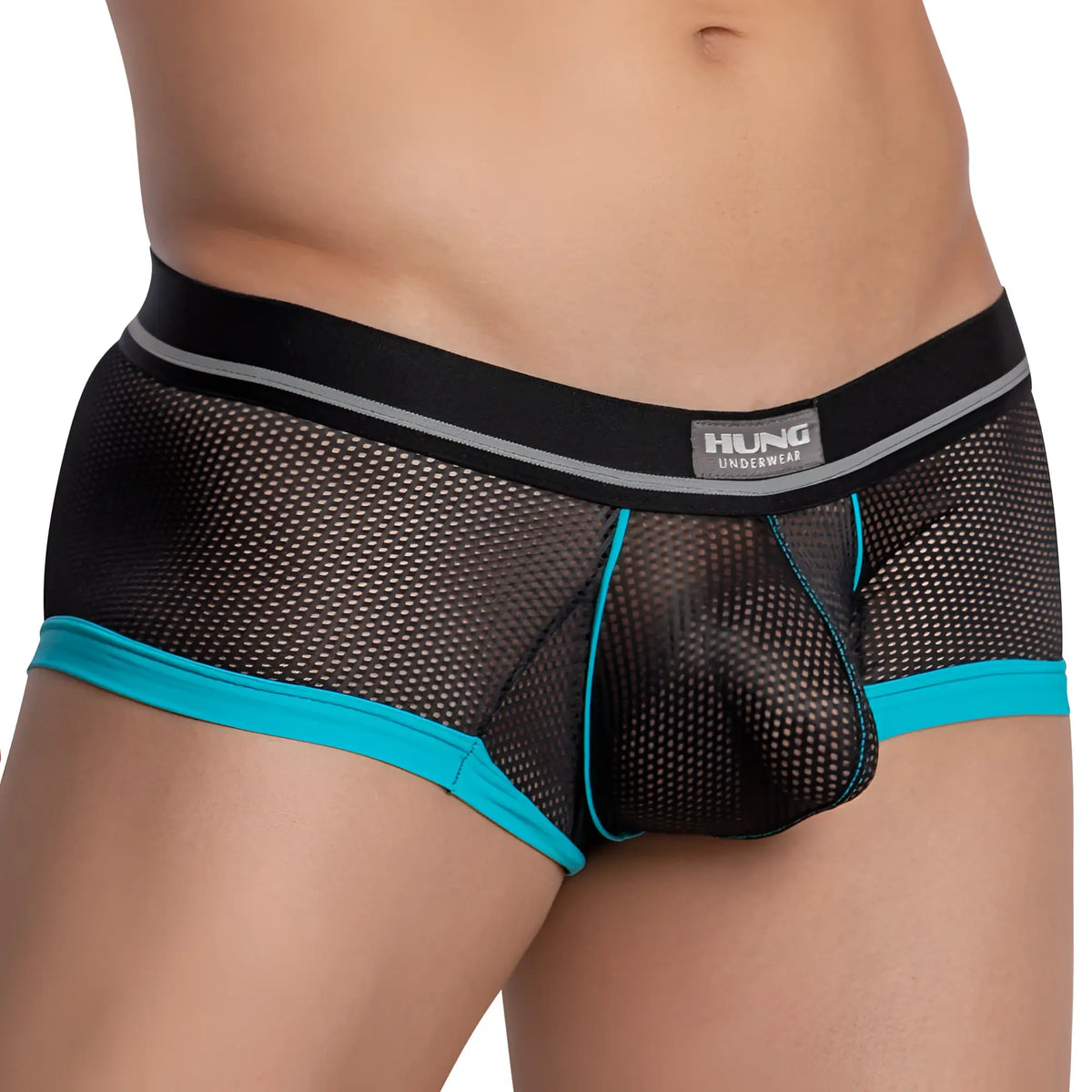 Black mesh hung hgg013 boxer trunk briefs with teal trim and gray waistband featuring hung underwear label
