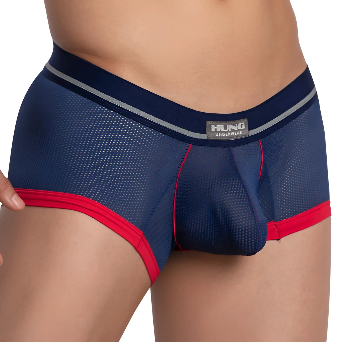 Navy blue mesh boxer trunk with red trim and gray waistband featuring hung underwear label branded hung hgg013