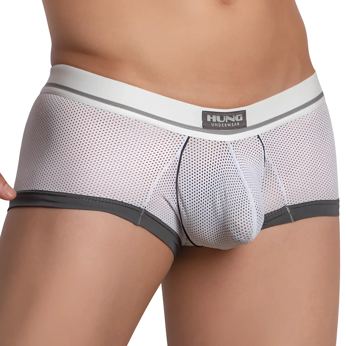 White and gray mesh briefs with a branded waistband from hung underwear in the style hung hgg013 boxer trunk