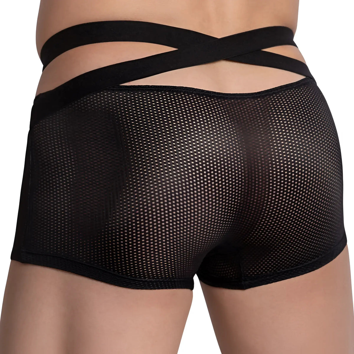 Black mesh hung hgg014 boxer trunk briefs with crossed elastic straps at the back for breathable support