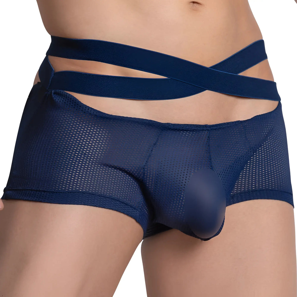 Navy blue mesh hung hgg014 boxer trunk briefs with crossed elastic straps for breathable comfort